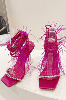 Glitzernde Fuchsia Riemchensandalen mit Stiletto Absatz und Feder