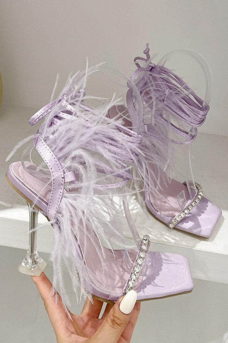 Laden Sie das Bild in den Galerie-Viewer, Glitzernde Fuchsia Riemchensandalen mit Stiletto Absatz und Feder