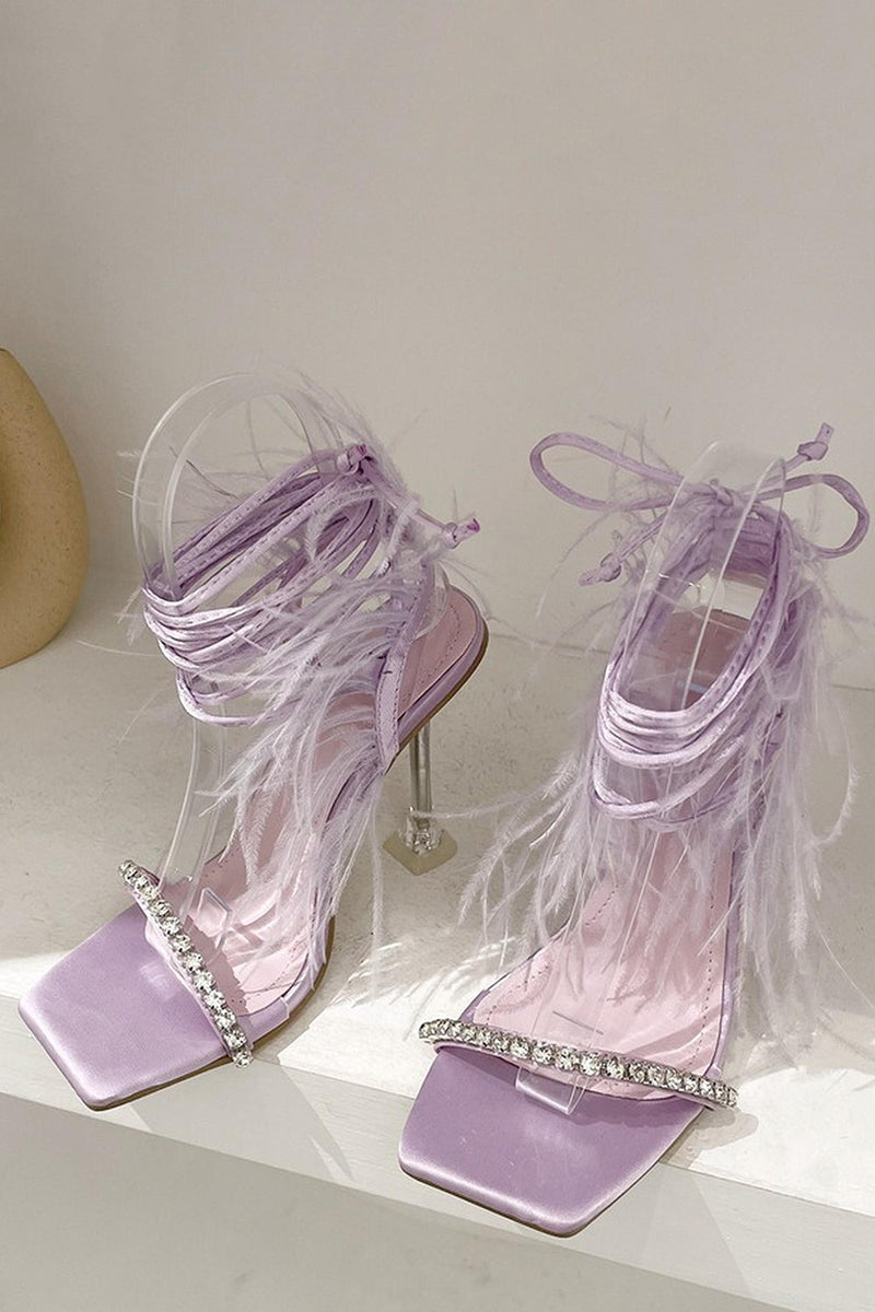 Laden Sie das Bild in den Galerie-Viewer, Glitzernde Fuchsia Riemchensandalen mit Stiletto Absatz und Feder