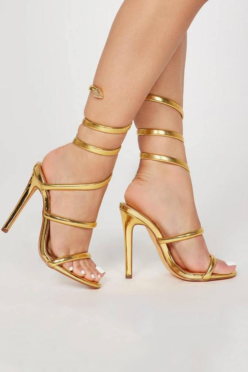 Laden Sie das Bild in den Galerie-Viewer, Glitzernde Goldene Metallic Riemchensandalen mit Stiletto Absatz