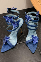 Laden Sie das Bild in den Galerie-Viewer, Blaue Riemchen Stiletto Sandalen mit hohen Absätzen und Schmetterlingen
