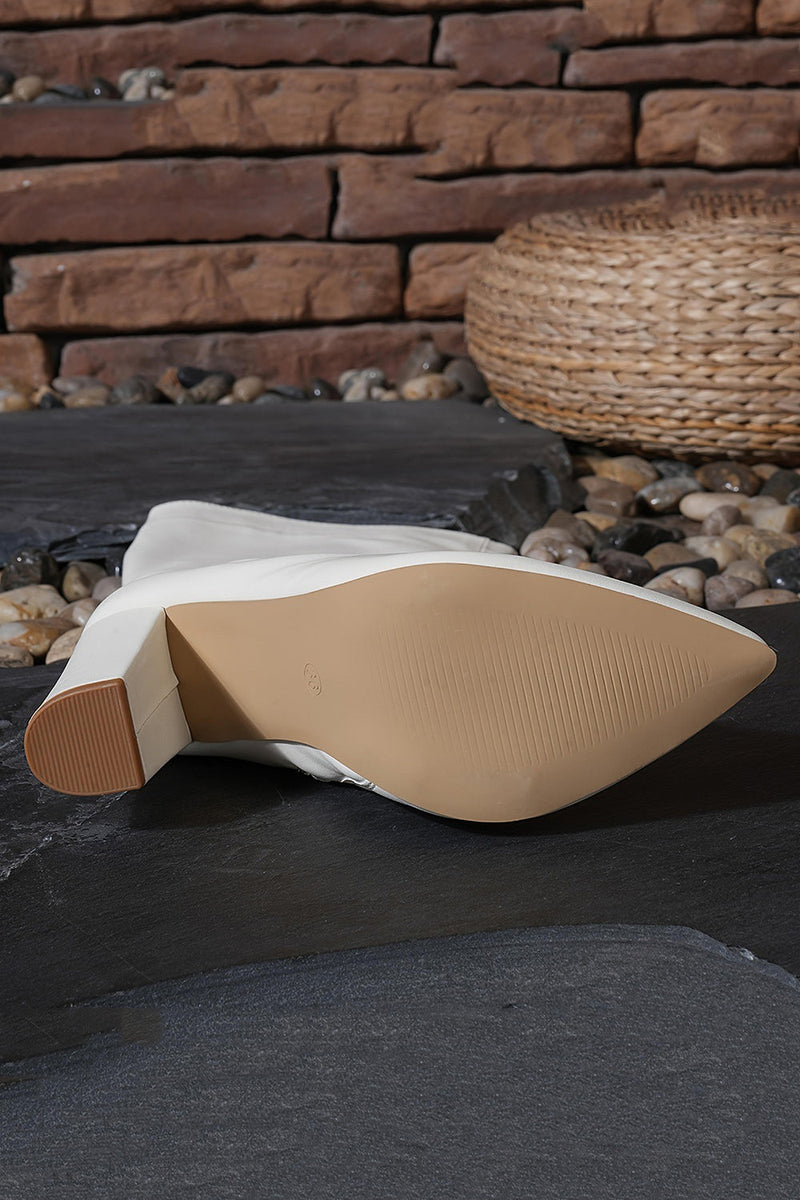 Laden Sie das Bild in den Galerie-Viewer, Weiße Breite Wadenstiefel mit spitzer Zehenpartie Klobigen Stiefeln mit klobigen Fersen