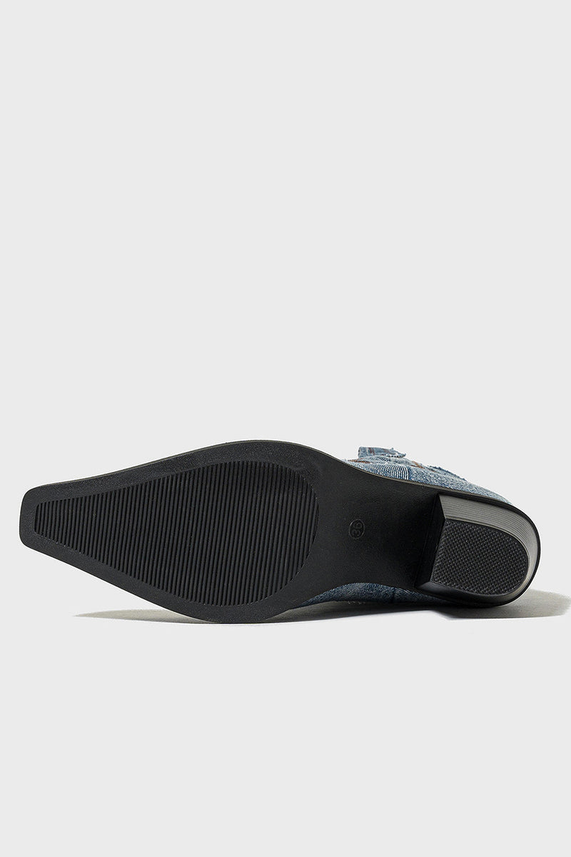 Laden Sie das Bild in den Galerie-Viewer, Dunkelblaue Cowgirl-Stiefel aus breitem Kalbsleder mit spitzer Zehenpartie und klobigen Absätzen