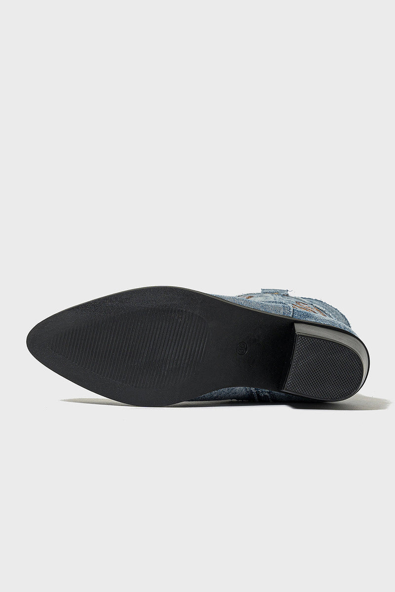 Laden Sie das Bild in den Galerie-Viewer, Dunkelblaue Cowgirl-Stiefel mit spitzer Zehenpartie und mittlerer Wade mit klobigen Absätzen