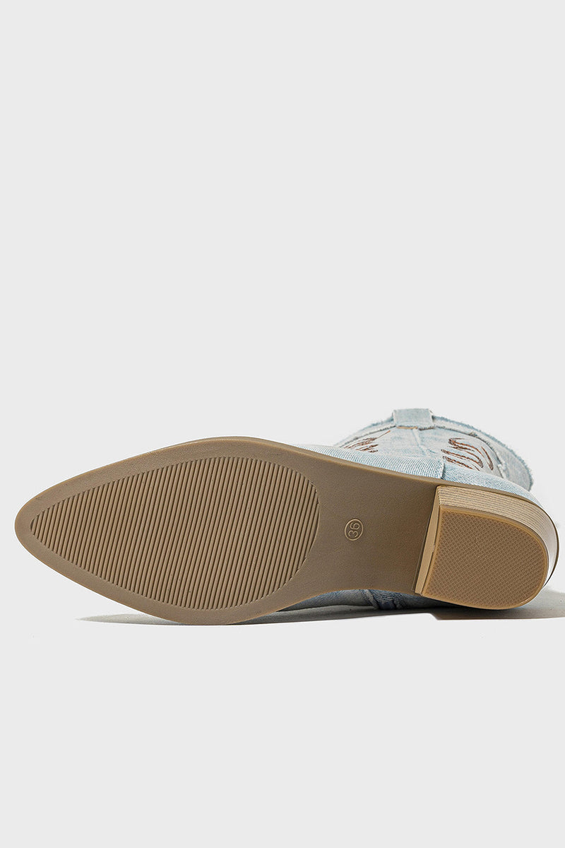 Laden Sie das Bild in den Galerie-Viewer, Dunkelblaue Cowgirl-Stiefel mit spitzer Zehenpartie und mittlerer Wade mit klobigen Absätzen