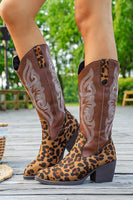 Laden Sie das Bild in den Galerie-Viewer, Braune Cowgirl-Stiefel mit Leoparden-Grobabsatz und breitem Kalbsabsatz