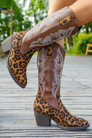 Laden Sie das Bild in den Galerie-Viewer, Braune Cowgirl-Stiefel mit Leoparden-Grobabsatz und breitem Kalbsabsatz