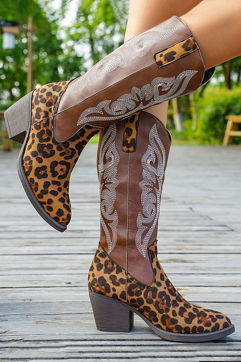 Laden Sie das Bild in den Galerie-Viewer, Braune Cowgirl-Stiefel mit Leoparden-Grobabsatz und breitem Kalbsabsatz