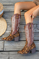 Laden Sie das Bild in den Galerie-Viewer, Braune Cowgirl-Stiefel mit Leoparden-Grobabsatz und breitem Kalbsabsatz