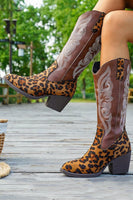Laden Sie das Bild in den Galerie-Viewer, Braune Cowgirl-Stiefel mit Leoparden-Grobabsatz und breitem Kalbsabsatz