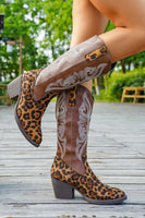 Laden Sie das Bild in den Galerie-Viewer, Braune Cowgirl-Stiefel mit Leoparden-Grobabsatz und breitem Kalbsabsatz