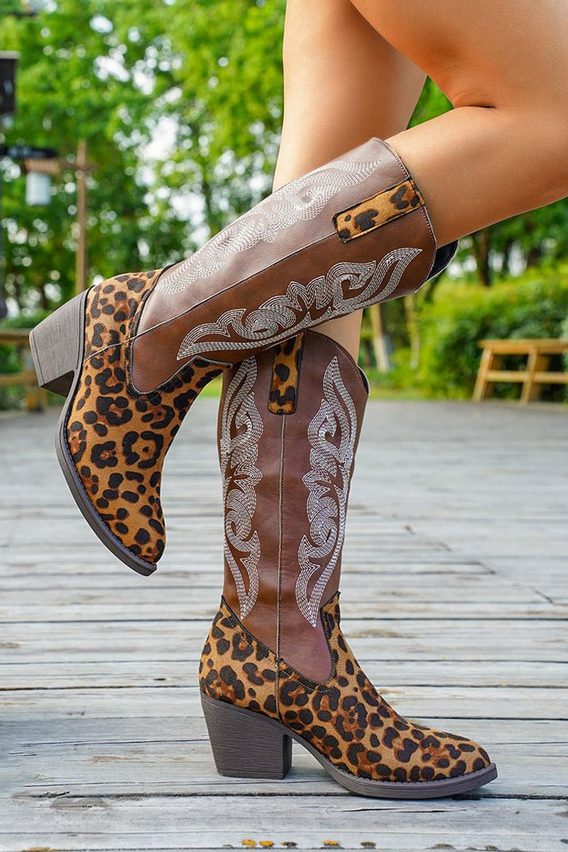 Laden Sie das Bild in den Galerie-Viewer, Braune Cowgirl-Stiefel mit Leoparden-Grobabsatz und breitem Kalbsabsatz