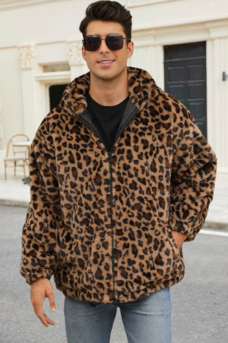 Kaffee Leopard Kunstpelz Herren Wintermantel mit Taschen