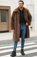 Laden Sie das Bild in den Galerie-Viewer, Brauner Flauschiger Kunstpelz Reverskragen Langer Winter Herrenmantel