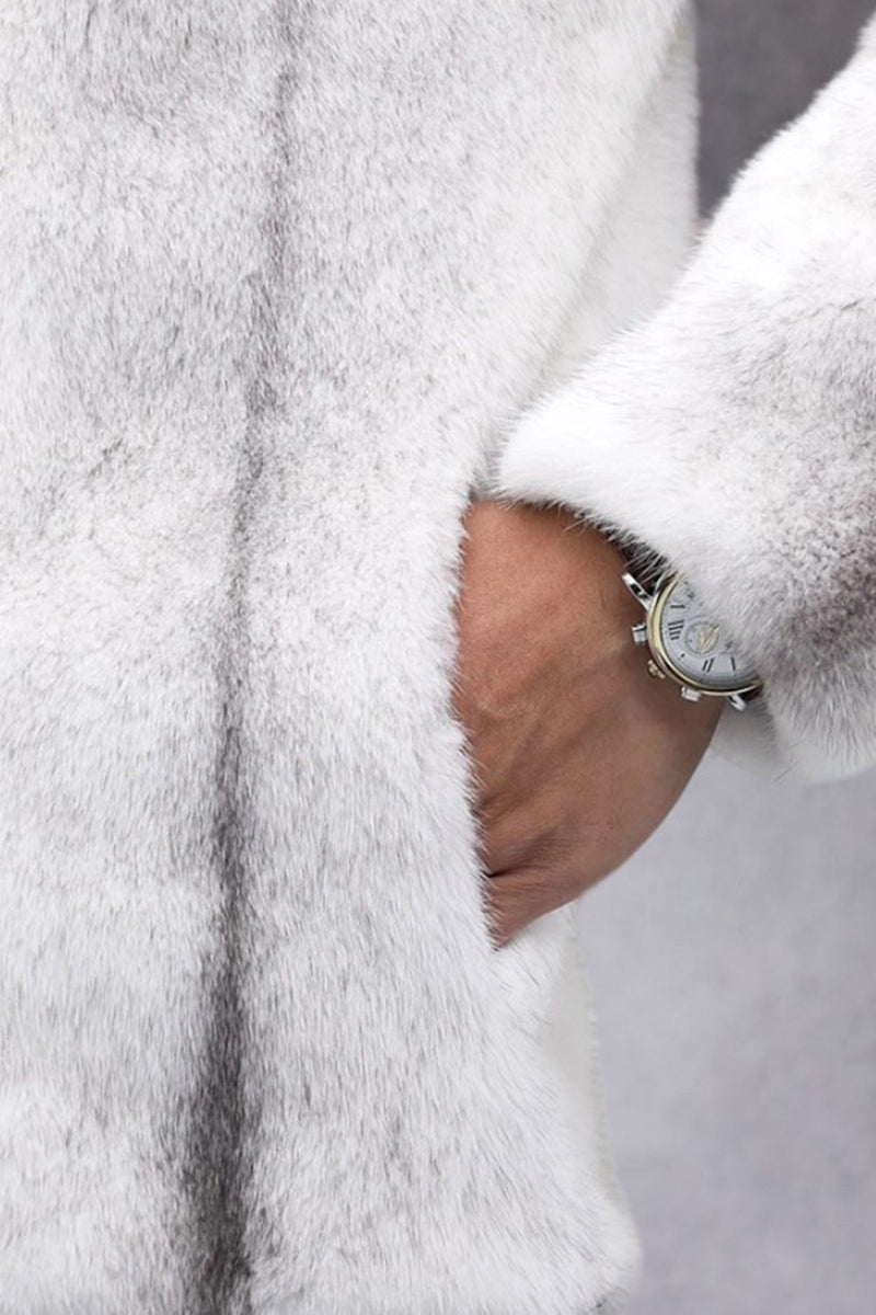 Laden Sie das Bild in den Galerie-Viewer, Weißer Langärmeliger Herren Wintermantel aus Kunstpelz mit Reißverschluss und Kapuze