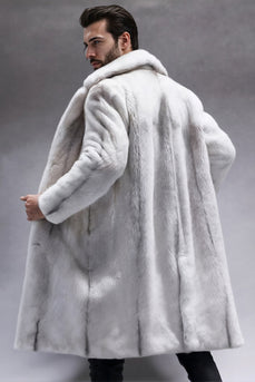 Hellgrauer Langer Herrenmantel mit gekerbtem Revers aus Kunstpelz