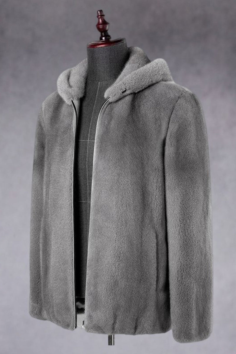 Laden Sie das Bild in den Galerie-Viewer, Grauer Herren Wintermantel aus Kunstpelz mit Reißverschluss und Kapuze