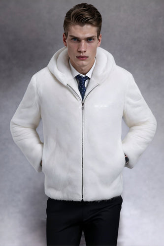 Weißer Dicker Herrenmantel aus Kunstpelz mit Kapuze