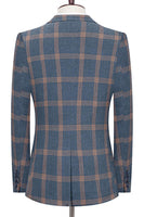 Laden Sie das Bild in den Galerie-Viewer, Blaues Gekerbtes Revers Slim Fit Karierte Herrenanzüge