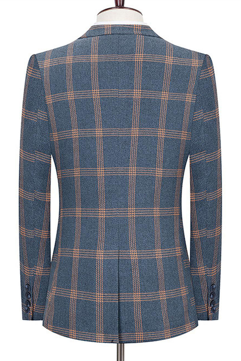 Laden Sie das Bild in den Galerie-Viewer, Blaues Gekerbtes Revers Slim Fit Karierte Herrenanzüge