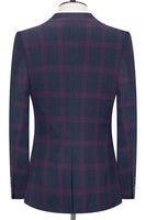 Laden Sie das Bild in den Galerie-Viewer, Blaues Gekerbtes Revers Slim Fit Karierte Herrenanzüge