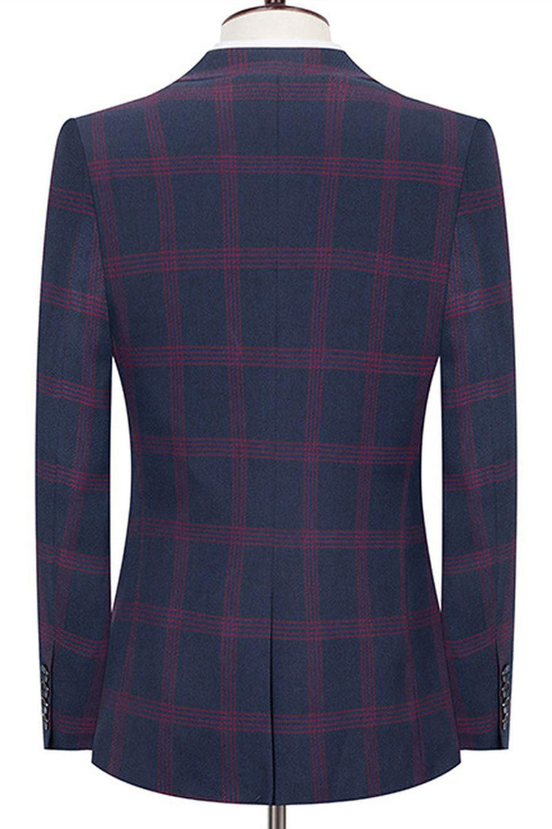 Laden Sie das Bild in den Galerie-Viewer, Blaues Gekerbtes Revers Slim Fit Karierte Herrenanzüge