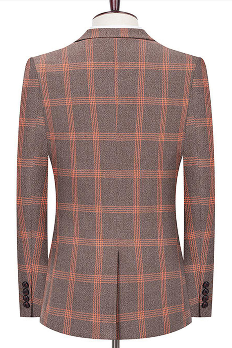 Laden Sie das Bild in den Galerie-Viewer, Blaues Gekerbtes Revers Slim Fit Karierte Herrenanzüge