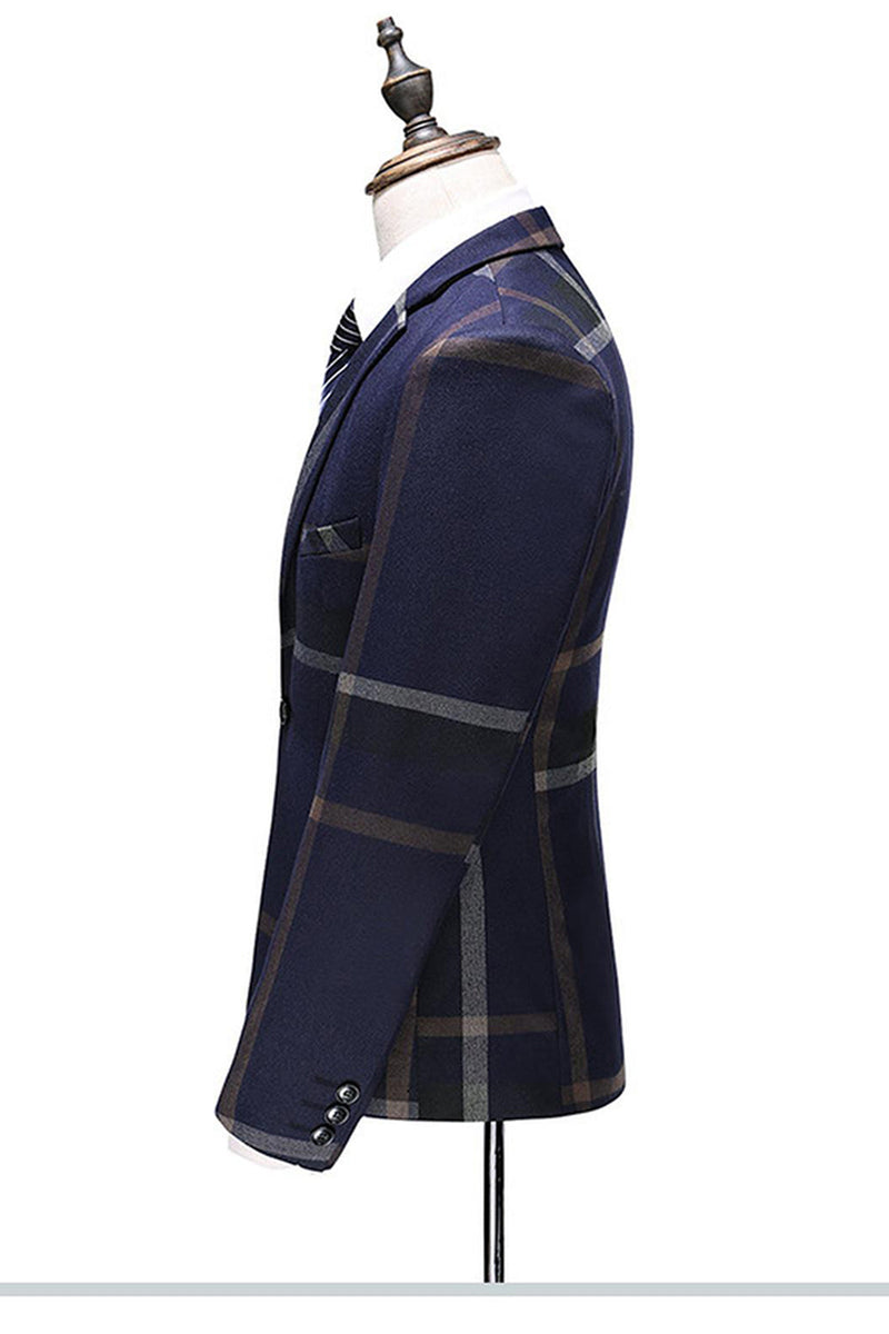 Laden Sie das Bild in den Galerie-Viewer, Dunkelblauer Karierter 3-teiliger Herrenanzüge mit gekerbtem Revers