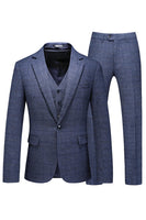 Laden Sie das Bild in den Galerie-Viewer, Dunkelblau Karierte 3-teilige Ballanzüge mit gekerbtem Revers für Herren