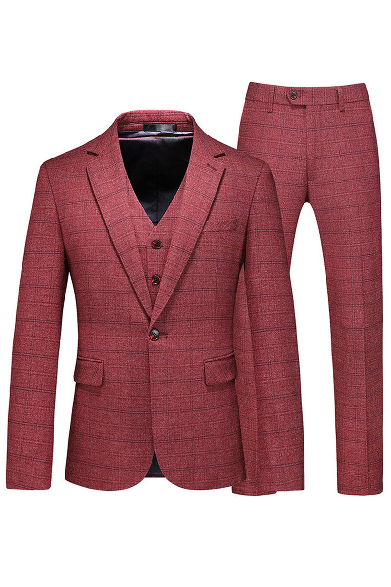 Laden Sie das Bild in den Galerie-Viewer, Dunkelblau Karierte 3-teilige Ballanzüge mit gekerbtem Revers für Herren