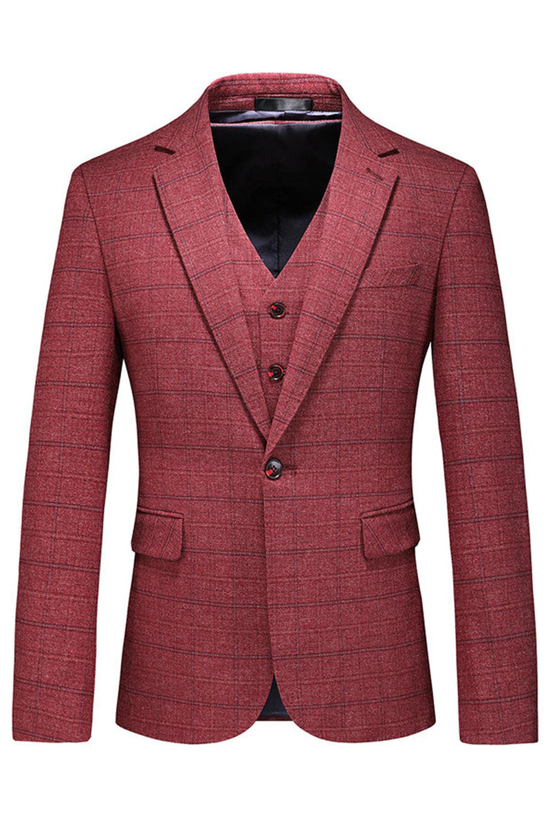 Laden Sie das Bild in den Galerie-Viewer, Dunkelblau Karierte 3-teilige Ballanzüge mit gekerbtem Revers für Herren