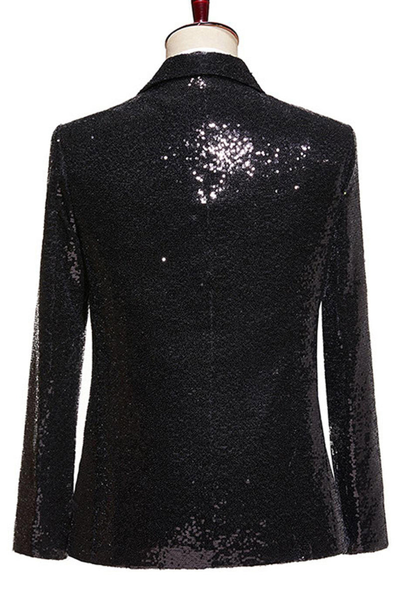 Laden Sie das Bild in den Galerie-Viewer, Schwarze Pailletten 2-teilige Herren Ballanzüge mit Spitzrevers