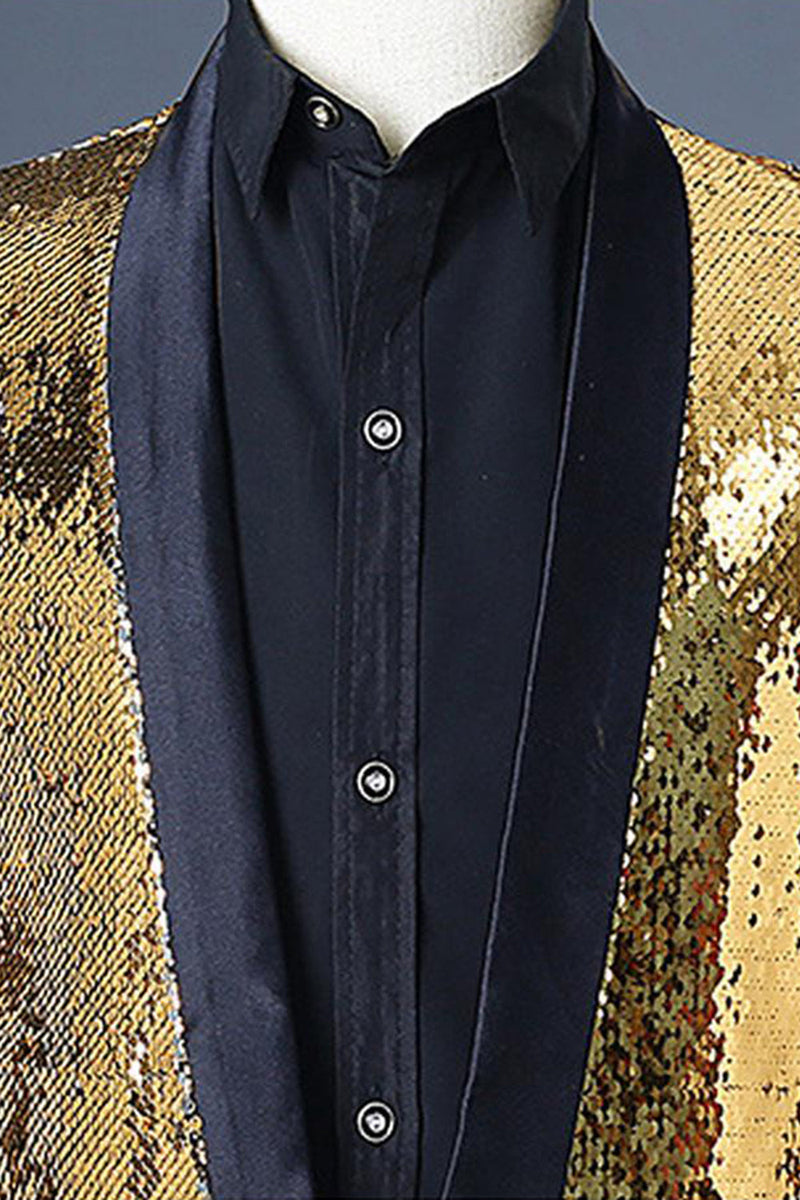 Laden Sie das Bild in den Galerie-Viewer, Glitzernder Silberner und goldener Schal Revers Herren Ballblazer mit Pailletten