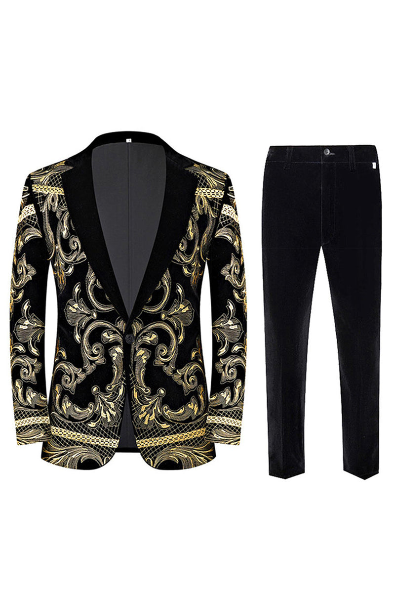 Laden Sie das Bild in den Galerie-Viewer, Herren 2-teilige Abschlussballanzüge aus goldenem Jacquard mit gekerbtem Revers