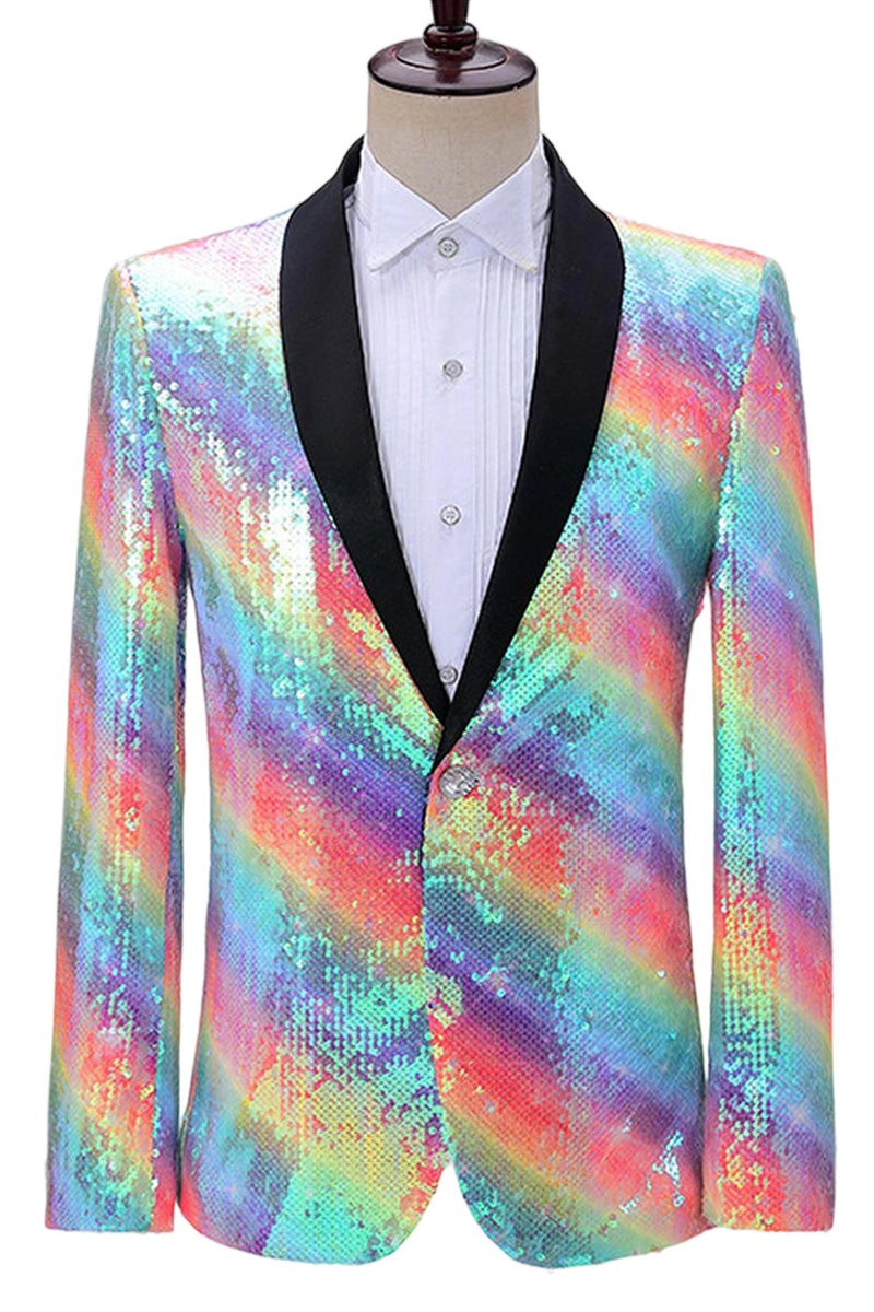 Laden Sie das Bild in den Galerie-Viewer, Glitzernder Regenbogen Schal Revers Herren Ballblazer mit Pailletten