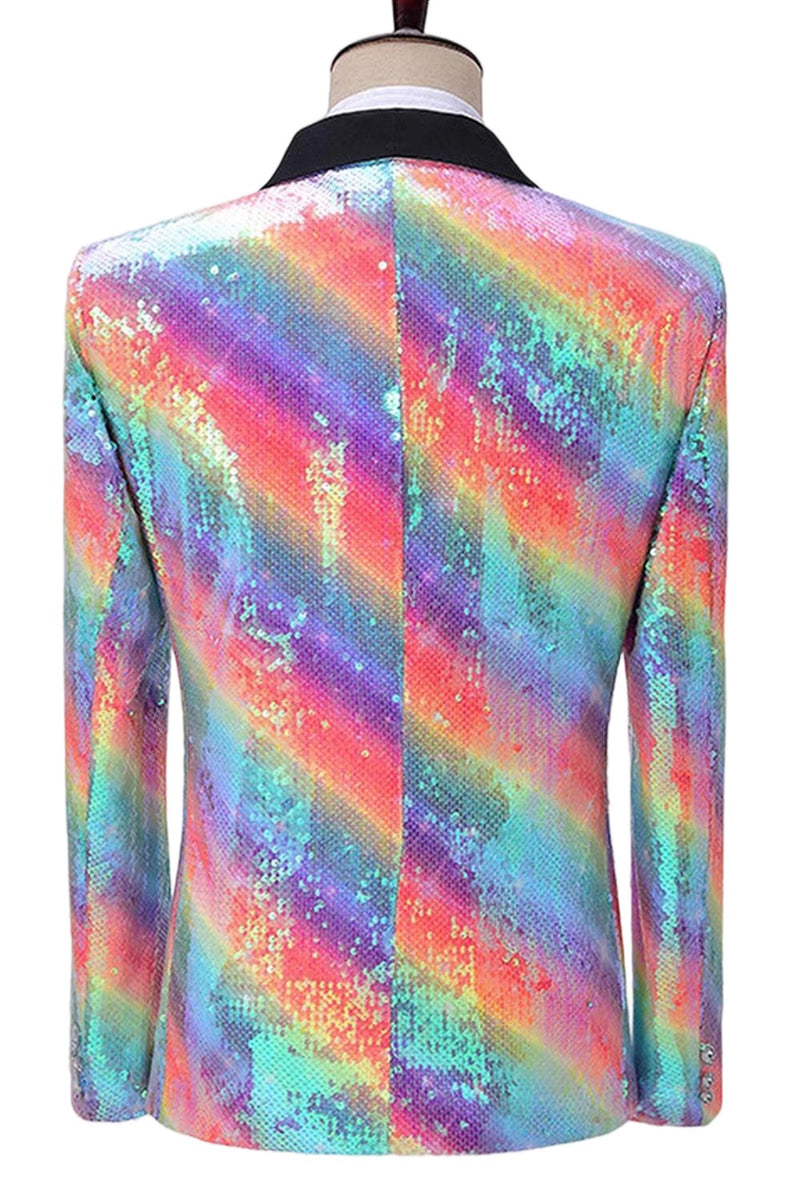 Laden Sie das Bild in den Galerie-Viewer, Glitzernder Regenbogen Schal Revers Herren Ballblazer mit Pailletten
