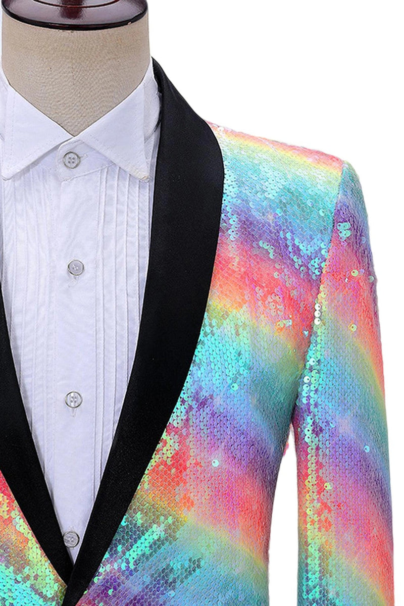 Laden Sie das Bild in den Galerie-Viewer, Glitzernder Regenbogen Schal Revers Herren Ballblazer mit Pailletten