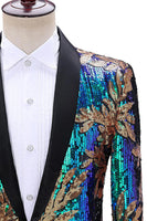 Laden Sie das Bild in den Galerie-Viewer, Glitzernder Grüner und Blauer Schal-Revers mit einem Knopf Herren Ballblazer mit einem Knopf