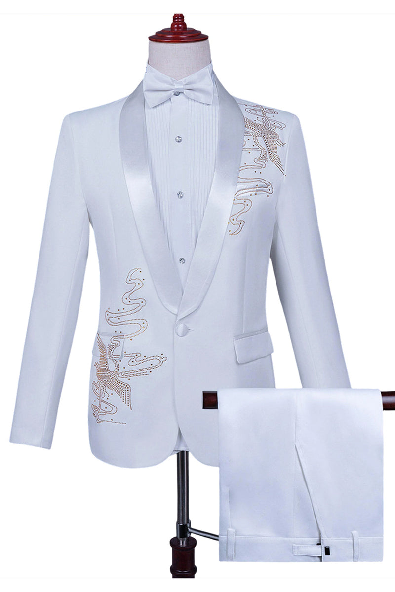 Laden Sie das Bild in den Galerie-Viewer, Weißer Schal Revers Slim Fit 2-teiliger Herren Ballanzug mit Perlenstickerei
