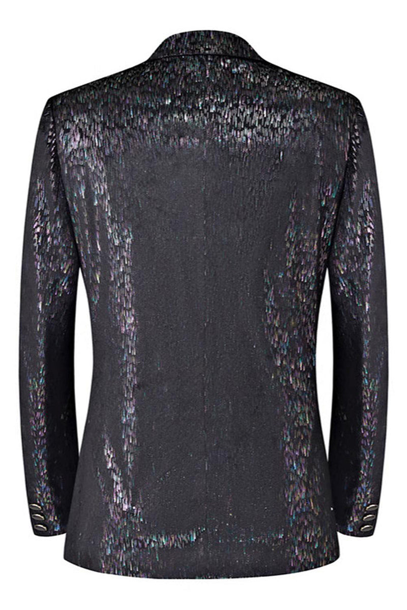 Laden Sie das Bild in den Galerie-Viewer, Glitzernder Schwarzer 2-teiliger Herren Ballanzug mit gekerbtem Revers und 3D-Blume