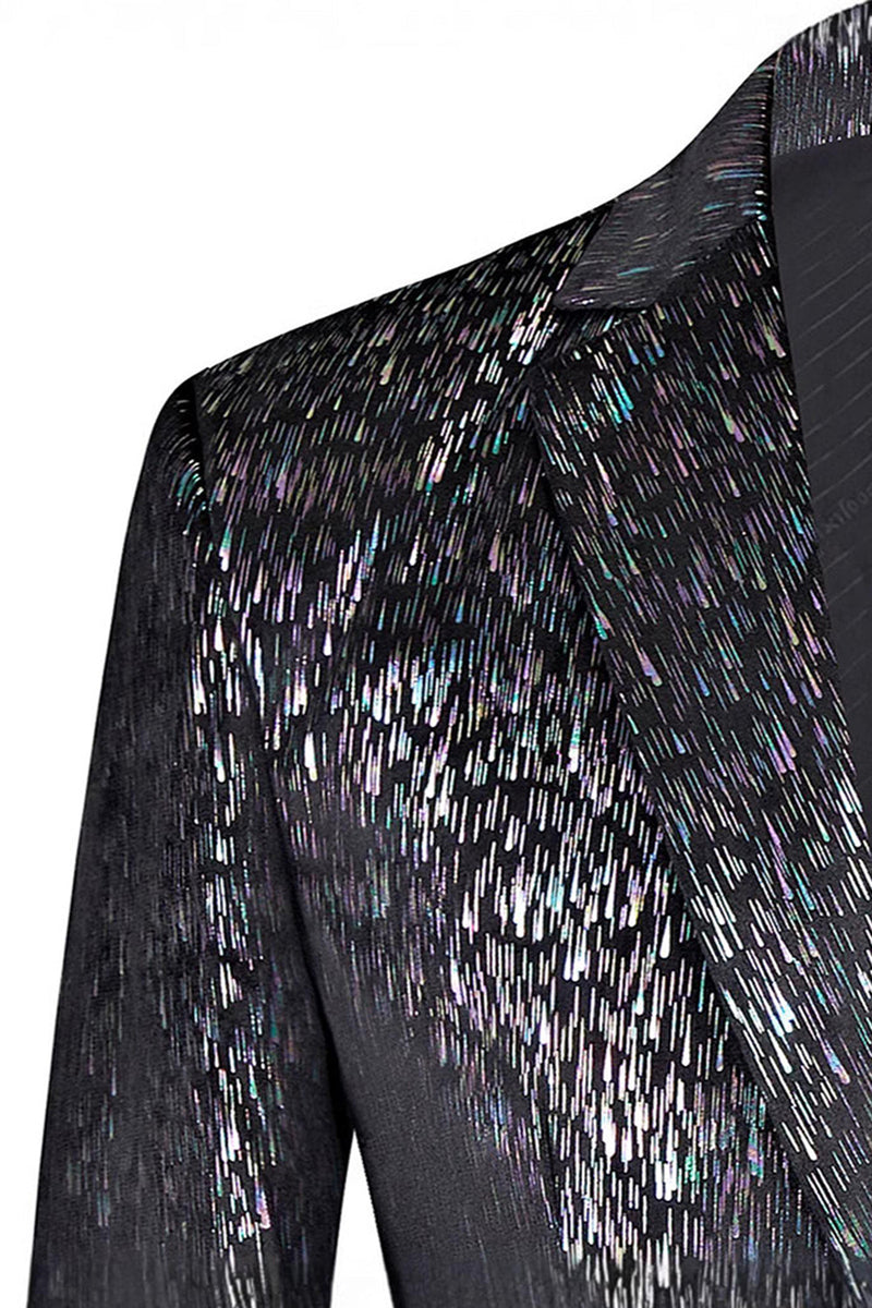 Laden Sie das Bild in den Galerie-Viewer, Glitzernder Schwarzer 2-teiliger Herren Ballanzug mit gekerbtem Revers und 3D-Blume