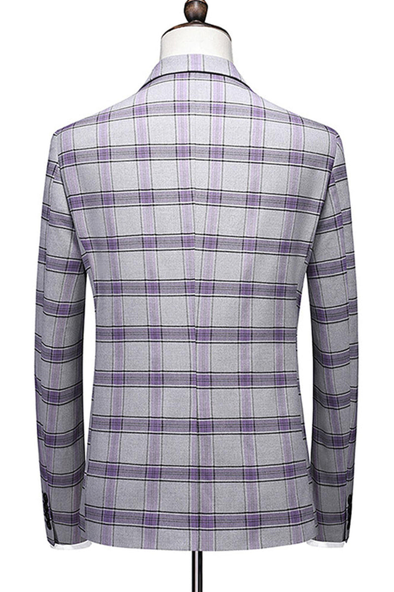 Laden Sie das Bild in den Galerie-Viewer, Graulila Gestreifte 3-teilige Herren Ballanzüge mit gekerbtem Revers