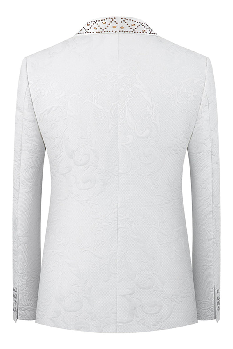 Laden Sie das Bild in den Galerie-Viewer, Weißes Schal Revers 2-teilige Herrenanzüge mit Perlenstickerei