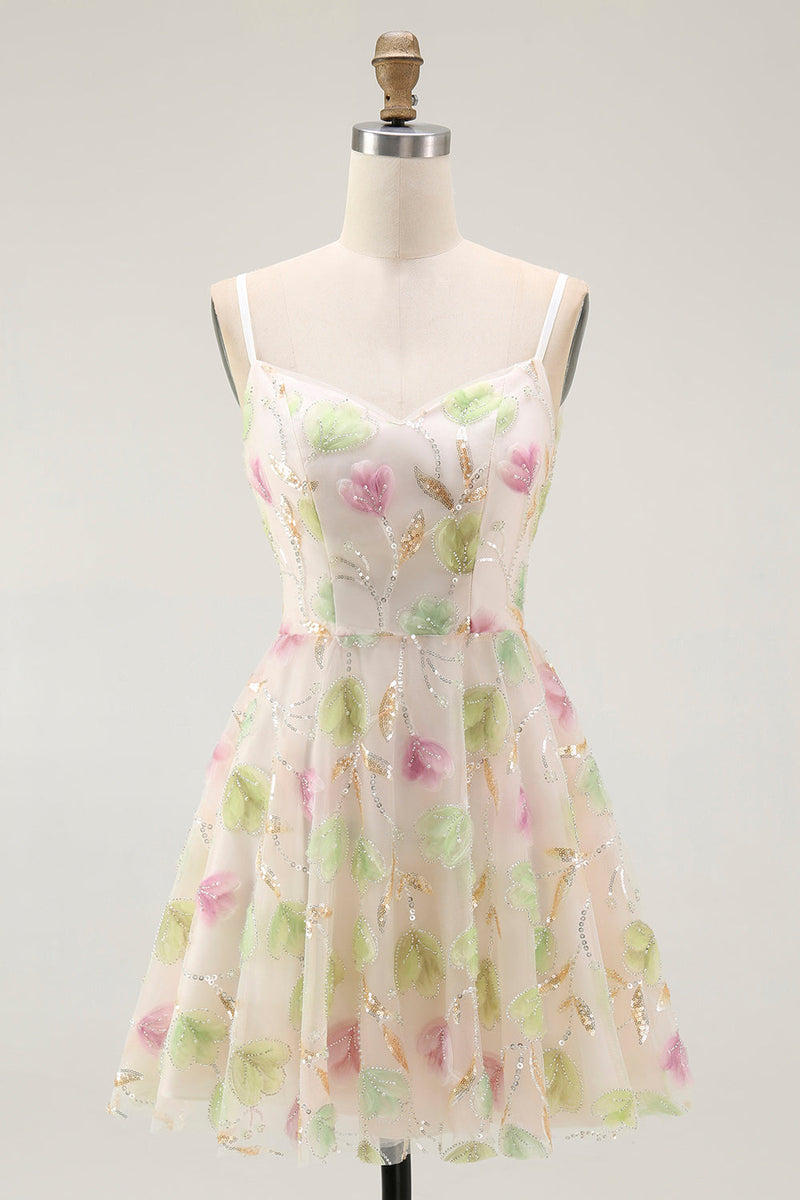 Laden Sie das Bild in den Galerie-Viewer, Aprikose Mini Pailletten Cocktailkleid mit Blumen in A-Linie