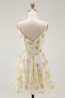 Aprikose Mini Pailletten Cocktailkleid mit Blumen in A-Linie