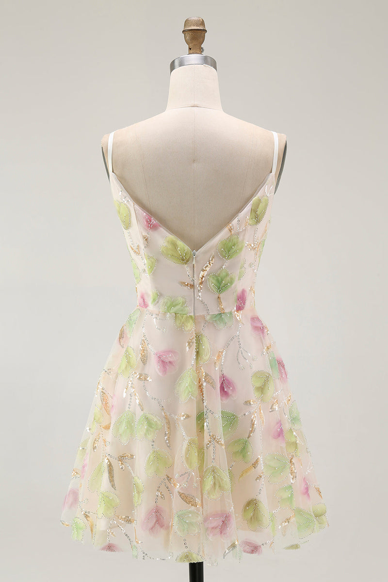 Laden Sie das Bild in den Galerie-Viewer, Aprikose Mini Pailletten Cocktailkleid mit Blumen in A-Linie