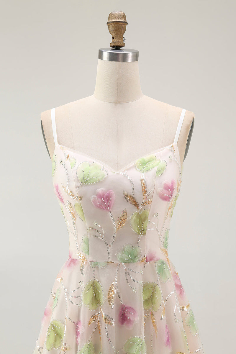 Laden Sie das Bild in den Galerie-Viewer, Aprikose Mini Pailletten Cocktailkleid mit Blumen in A-Linie