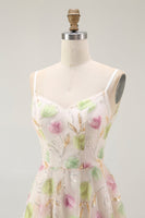 Laden Sie das Bild in den Galerie-Viewer, Aprikose Mini Pailletten Cocktailkleid mit Blumen in A-Linie