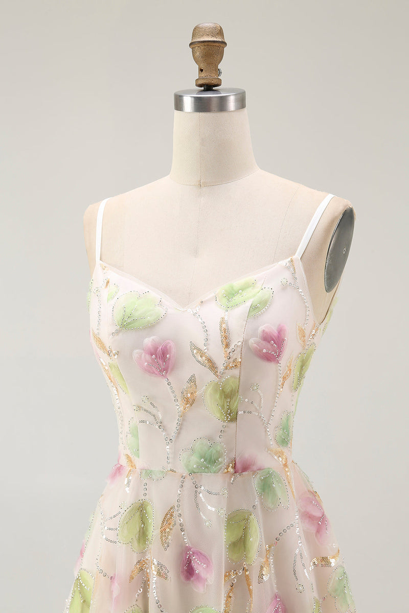 Laden Sie das Bild in den Galerie-Viewer, Aprikose Mini Pailletten Cocktailkleid mit Blumen in A-Linie