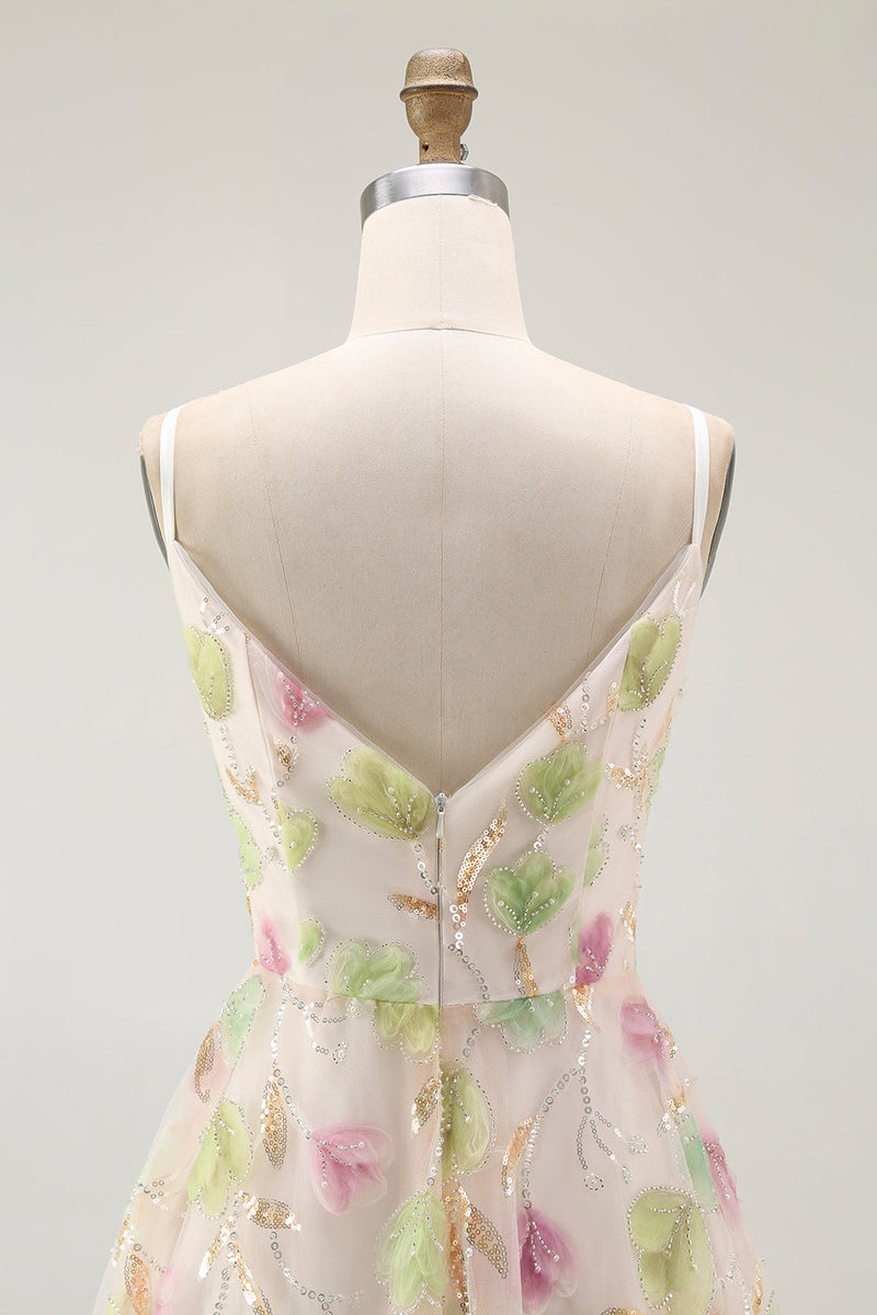 Laden Sie das Bild in den Galerie-Viewer, Aprikose Mini Pailletten Cocktailkleid mit Blumen in A-Linie